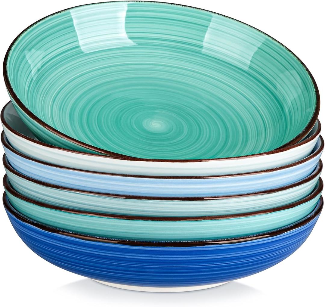 vancasso Bonita Pasta Bowls Set of 6, 50oz Large Salad Bowls for Kitchen, Stoneware Serving Bowls Dishwasher & Microwave Safe, Blue Bowl Set (Cool Color)