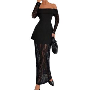 Verdusa Women's Lace Sheer Off Shoulder Fall Wedding Guest Dresses Peplum Maxi Dress (Black), XL