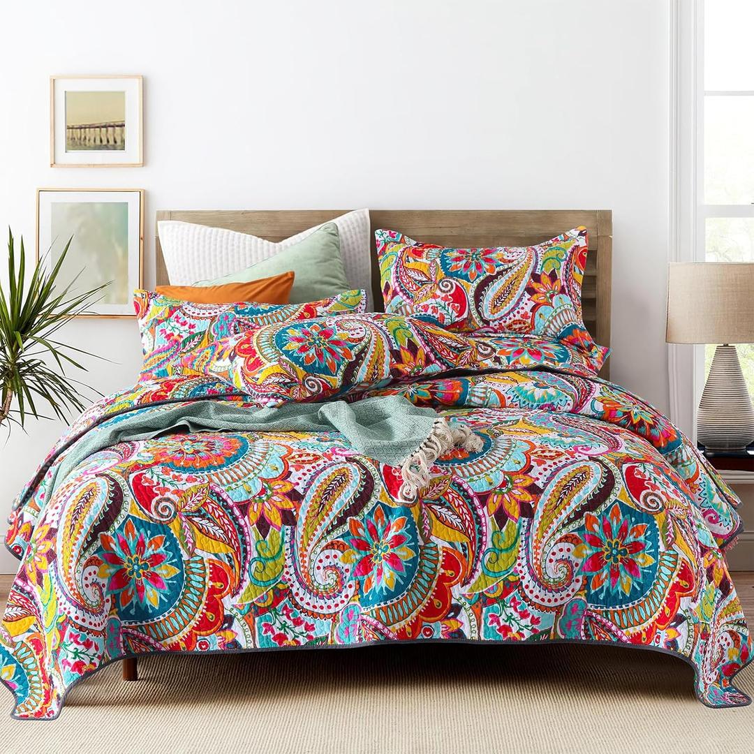 Qucover Oversized King Quilt, 100% Cotton California King Quilt, Boho Style Bedspread with Paisley Floral Pattern, 3pc Ultra Soft Cloud-Like Colorful Coverlet, Lightweight Comforter Bedding Set | With Pillow Shams, For All Season Use, Breathable Cotton