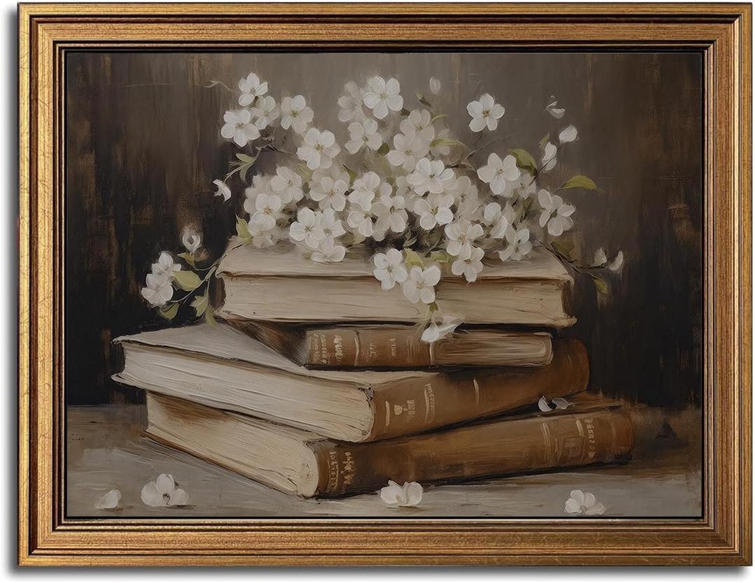 Gold Framed Wall Art Vintage Canvas Wall Art Moody Books and Flowers Dark Academia Decor Artwork Prints Picture for Living Room Bedroom Farmhouse Bathroom Office Decor, 16x24