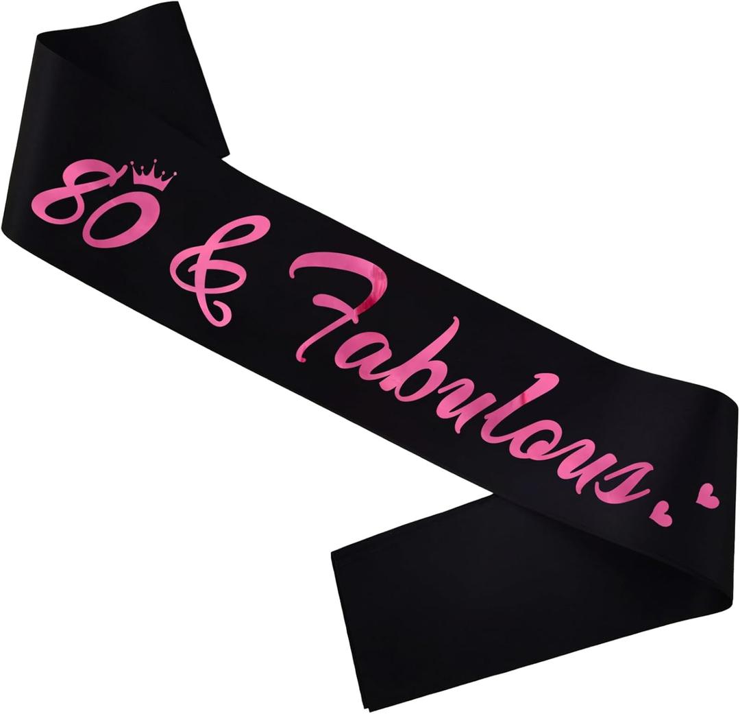 2 x 80 & Fabulous Birthday Sash, 80th Birthday Gifts idea for women, Funny 80th Birthday Party Suppiles, Black+ Pink(80 & Fabulous)