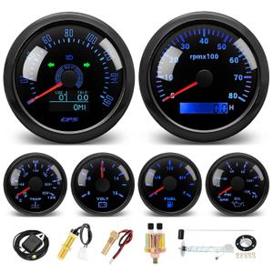 MH 6 Boat AUTO Gauge Set - 3-3/8" GPS Speedometer, Tachometer, 2-1/16" Oil Pressure, Fuel Level, Water Temperature, Voltmeter Marine Meter Kit Waterproof 7 Color (Black)