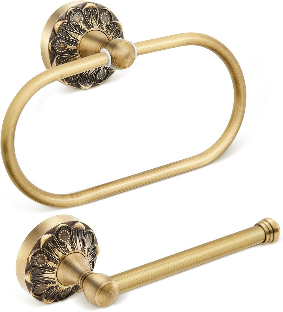 2 Pieces Set Antique Brass Toilet Paper Holder Retro Brass Hand Towel Ring Tissue Roll Paper Hanger Bathroom Hardware Wall Mounted Vintage Bathroom Accessories (Rectangle)
