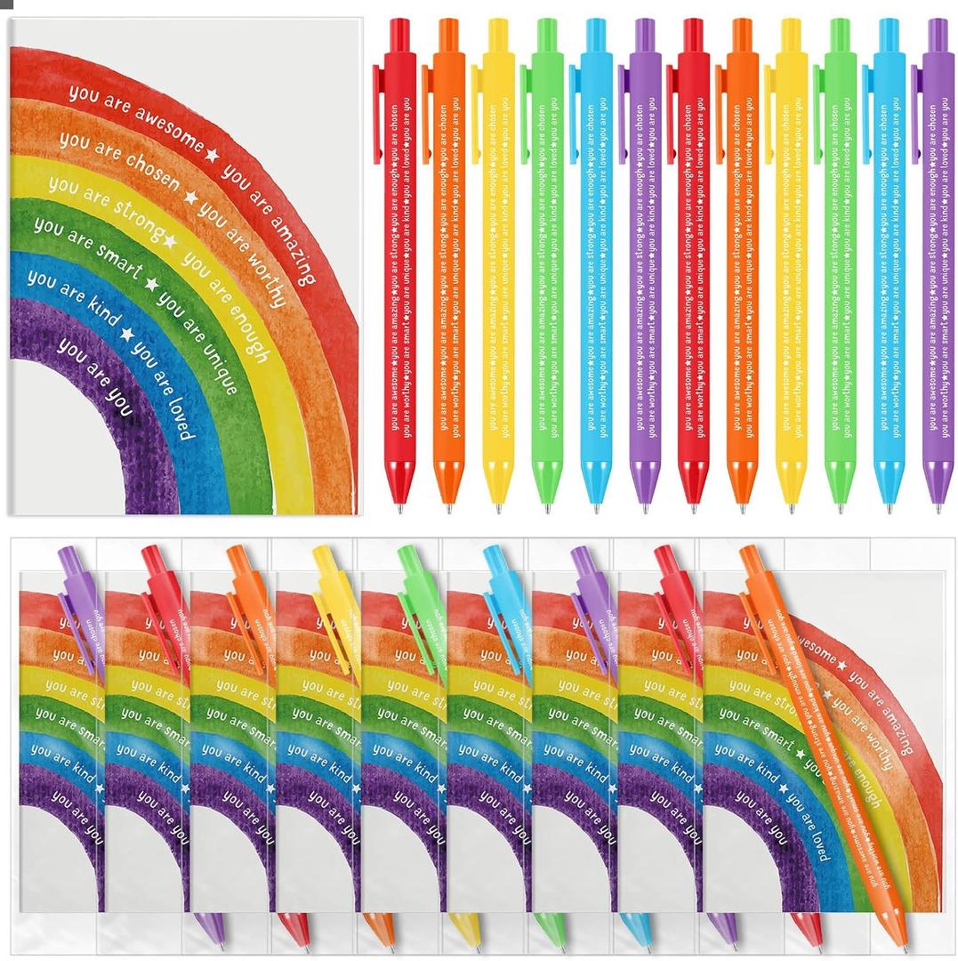 Engrowtic 18 Pack Positive Gifts Bulk for Kids Rainbow Inspirational Pens Motivational Notebook with Positive Affirmations Social Worker Gifts for Child Student Employee Teacher