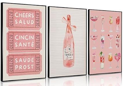 Mavgouuy 3Pcs Coquette Vintage Pink Canvas Wall Art, Watercolor Cocktail Champagne Rosé Cheers Poster Print, Bar Cart Wall Decor Artwork for Bedroom Living Room Bar Home Decoration【UNFRAMED】