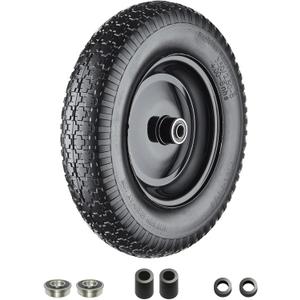 Wheelbarrow Tires 4.80.4.00-8 Flat Free, 14.5" Solid Tire and Wheel, Fit 4.80/4.00-8, 3.50/3.50-8, 4.00-6 Wheelbarrow Wheels, with 3" Centered Hub, 5/8" or 3/4" Bearings and Adapter Kit