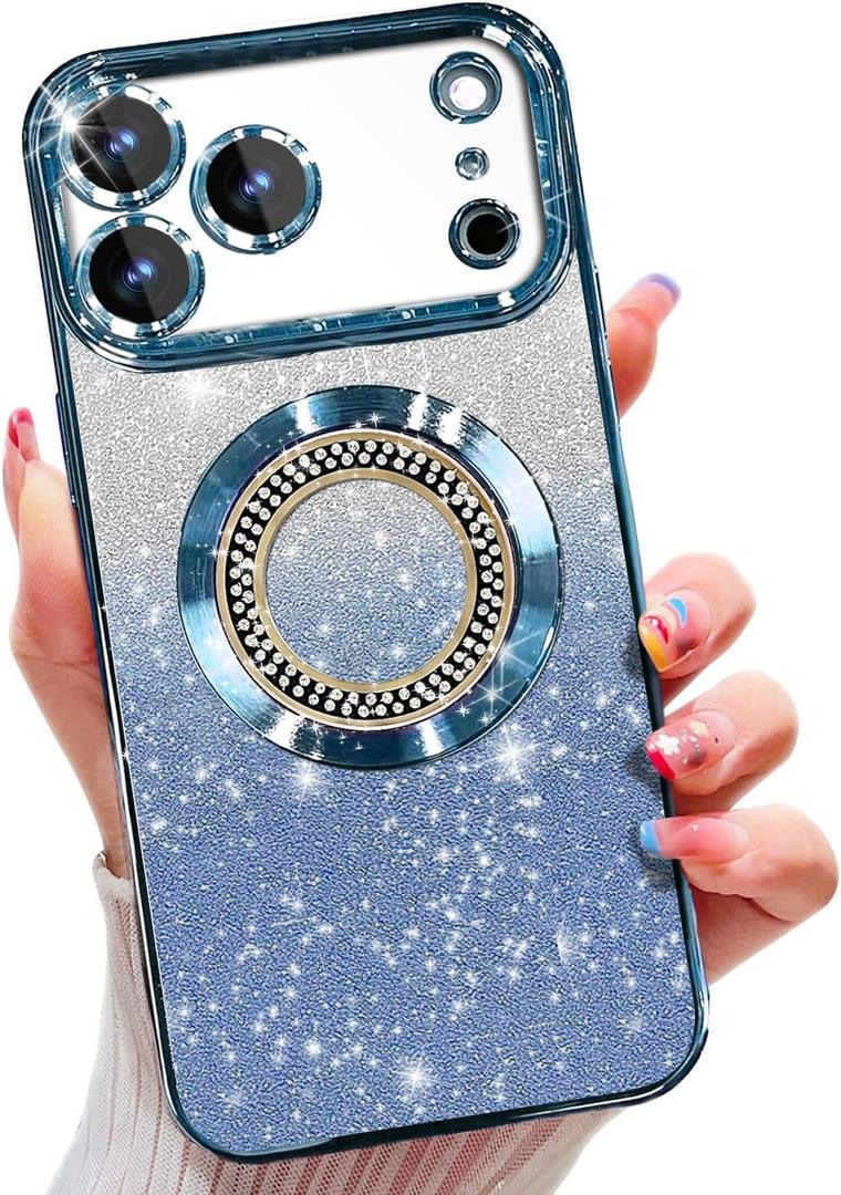 Misscase for iPhone 17 Pro Magnetic Glitter Case Compatible with MagSafe,Full Protection Slim Shockproof Anti-Scratch Case with Camera Lens Protector Plating Bling Dust-Proof Net Blue