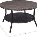 Cambridge Outdoor Rattan Round Coffee Table, All-Weather HDPE Wicker Patio Side Table 2-Tier Circle Table with Storage for Garden Porch Deck, Brown