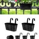 2 Pcs 10.8 Metal Railing Planter for Outdoor Plants  4 Pcs 3.9 Balcony Hanging Flower Pots with Detachable Hooks, Drainage Holes, Oval Bucket Rail Box Fence Planters for Home Garden Dcor, Black