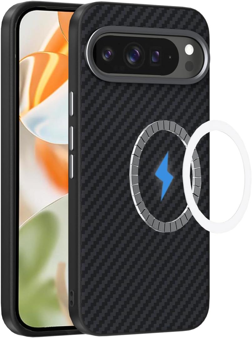 Magnetic Shockproof for Google Pixel 9A Case [Compatible with MagSafe Charging][Premium Carbon Fiber] Protective Slim Aramid Fiber Anti-Drop Camera Lens Full Protection, Black