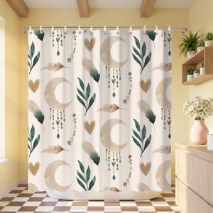 Bohemian Shower Curtains 72x72 Inch,Aesthetic Modern Boho Bathroom Curtain with Leaves and Moon, Neutral Waterproof Polyester Fabric Bath Curtain for Home Bathroom Decor (1)