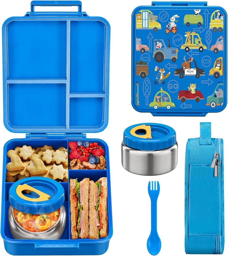 MAISON HUIS Bento Lunch Box for Kids With 8oz Soup Thermo, Leakproof Lunch Compartment Containers with 4 Compartment Bento Box, Thermo Food Jar and Lunch Bag, BPA Free,Travel, School(Animal Driving)