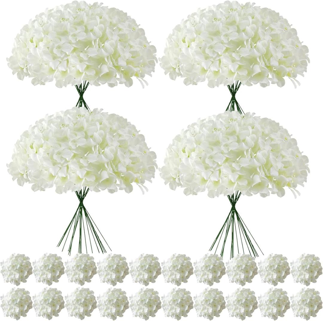 100 Pcs Faux White Hydrangea Artificial Flowers Bulk, Fake Silk Hydrangea Flowers Heads with Stems for Wedding Decorations Garden Party Baby Shower Porch Home Decor Table Centerpieces, White