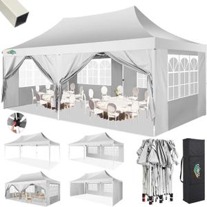 COBIZI 10x20 Pop Up Canopy with 6 Sidewalls,10x20 Canopy Tent Frame Upgraded with 3 Adjustable Heights,Waterproof UV50+ Outdoor Party Commercial Ez Up Gazebos with Carry Bag(10 x 20 ft White)