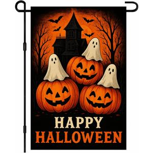 Halloween Garden Flag With Three Spooky Ghosts And Stacked Jack O Lantern Pumpkins Of Haunted House Flags Outdoor Yard Decor 12x18 Inch Double Sided Seasonal Flags Front Porch Lawn Decor