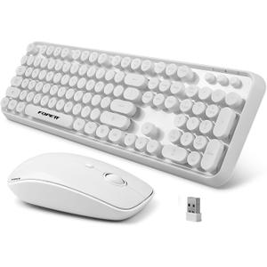 FOPETT Wireless Keyboard and Mouse Combo - 2.4G Full-Sized White Keyboard with Round Keycaps 104 Keys Typewriter Keyboard for Laptop/Windows/PC - White