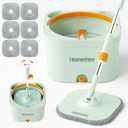 Spin Mop and Bucket with 6 Microfibra Replaceable Mop Pads, Self Separation Dirty and Clean Water System Self Wringing 360 Rotating Square Mop-Head (1 Bucket + 52'' Mop + 6 Microfibra Pads)