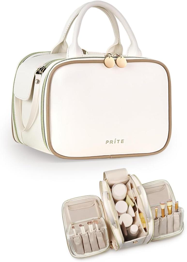 Prite Makeup Bag for Women, Large Capacity Waterproof Travel Cosmetic Organizer, Portable Open Flat Toiletry Bag with Free-standing Brush Holder and Handle (Beige, Medium)