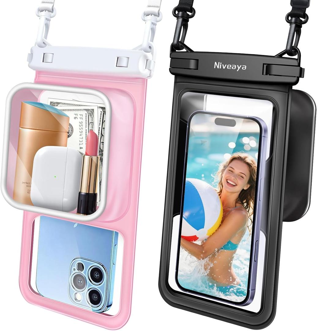 Niveaya [Floatable Floating Waterproof Phone Pouch 2 Pack-Up to 8.5", Large Space Adjustable Neck Lanyard Waterproof Phone Case, Phone Dry Bags for Vacation Beach Pool Kayak Cruise Travel Essentials (Black + Pink)