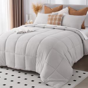 KASENTEX Twin Size Comforter Set 3 Piece,Seersucker Breathable Fabric,Lightweight Fluffy Down Alternative,Box Stitch Quilting, All Season Machine Washable with 2 Pillow Shams,Silver Grey