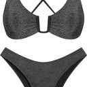 ZAFUL Women's Two Piece Swimsuit Textured U-Wired Metal Criss Cross String Bikini High Leg Bathing Suits (Large, Shine-black-1)