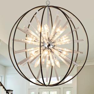 Vezzio 12-Light Modern Crystal Chandeliers for Entryway D27 Inch Black Globe Foyer Chandelier Contemporary Ceiling Hanging Light Fixture for Dining Room Kitchen Island Living Room Hallway Stairway