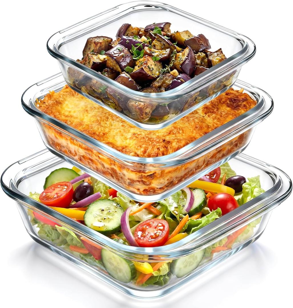 Domensi 3 Pcs 8x8 & 7x7 & 6x6 in Square Glass Baking Dish Set Deep Baking Pan Stackable Bakeware with Handles Oven Dishwasher and Microwave Safe, 1 Qt, 1.2qt, 2 Qt