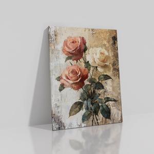 Abstract Flower Canvas Poster Wall Art Vintage French Country Plant Picture Print Classical Dark Pink Roses Painting Wall Decor for Modern Home Bedroom Women Room Stretched and Framed [18''Wx24''H]