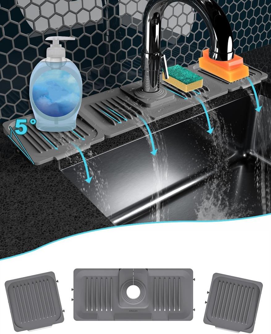 Spliced Sink Splash Guard-Silicone draining mat for Kitchen Sink-Faucet Drain pad with 2 Sponge Holder and Dish soap Tray-Rubber Handle drip Catcher Protector Accessories Behind Faucet (Gray)