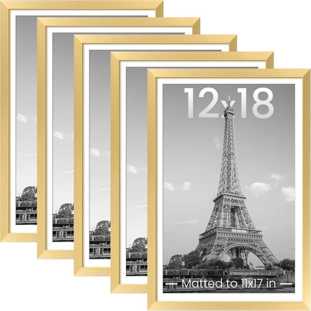 upsimples 12x18 Picture Frame Set of 5, Display Pictures 11x17 with Mat or 12 x 18 Without, Wall Gallery Poster Frames, Gold