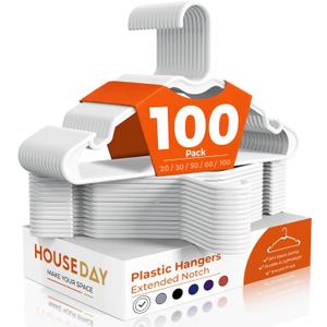 HOUSE DAY White Plastic Hangers 100 Pack, Slim with Non-Slip Extended Notch