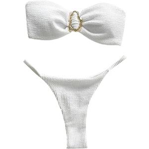SHENHE Women's Strapless Brazilian Thong Bikini Set Metal Ring 2 Piece Bandeau Tube Swimsuits (Large, White)