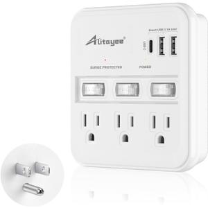 Alitayee Wall Outlet Extender Surge Protector, USB Power Strips with Individual Switches and 15.5W Type-C Fast Charging Ports for Cell Phone,Home,Office,Dorm ETL Listed White