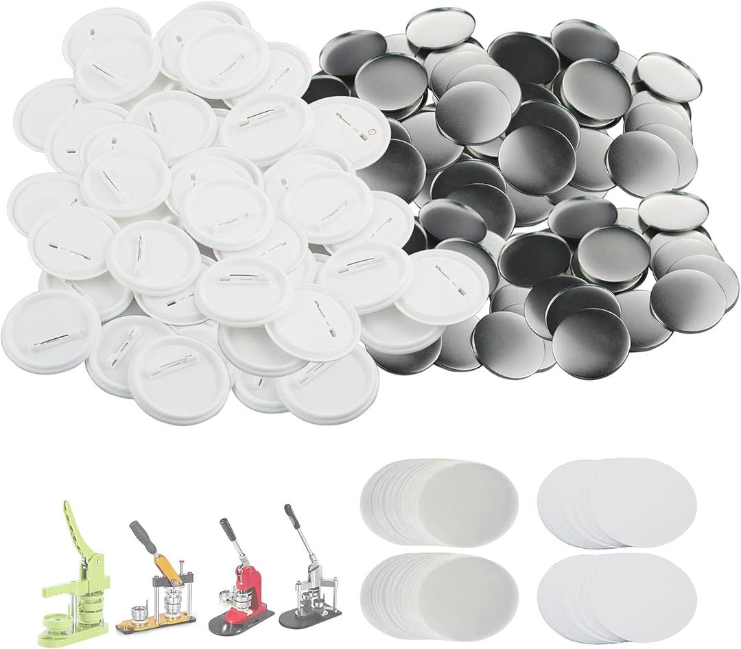 200 Sets 58mm/2.25 inch Button Supplies Button Parts for Button Maker Machine 58mm, Round Badge Blank Button Pins, Includes Plastic Button Pin Back Cover, Metal Cover, Clear Film&Blank Paper