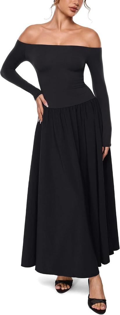 INLYRIC Women's Off The Shoulder Long Sleeve Maxi Dresses Elegant Formal Wedding Guest Cocktail Long Dresses (Black, L)