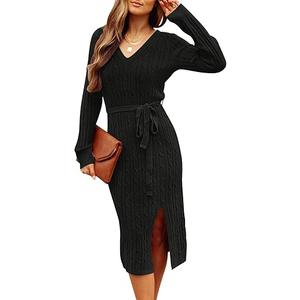 MEROKEETY Women's 2025 Fall Long Sleeve Bodycon Sweater Dress Winter V Neck Cable Knit Slit Midi Dresses M