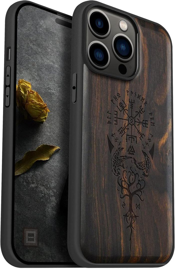 Carveit Magnetic Wood Case for iPhone 14 Pro Max [Natural Wood & Black Soft TPU] Unique & Classy Wooden Shockproof Protective Cover Compatible with magsafe (Viking -Blackwood)