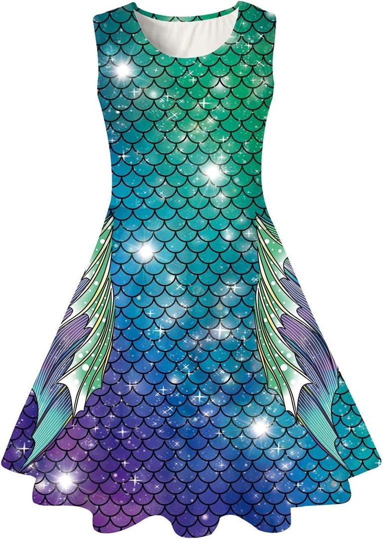 Funnycokid Girls Dress Summer Sleeveless Sundress Birthday Outfit Twirly Mermaid Party Kids 4-15 Years (Green)