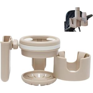 3-in-1 Stroller Cup Holder, Baby Stroller Accessories with Bottle Holder, Phone Mount, and Drink Caddy for Strollers, Perfect for Parents on The Go (Beige)