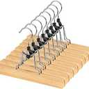 AMKUFO 12 Pack Natural Wooden Pants Hangers with Clips Non Slip Skirt Hangers Trouser Clamp Hanger Solid Wood Hanger with 360° Swivel Hook
