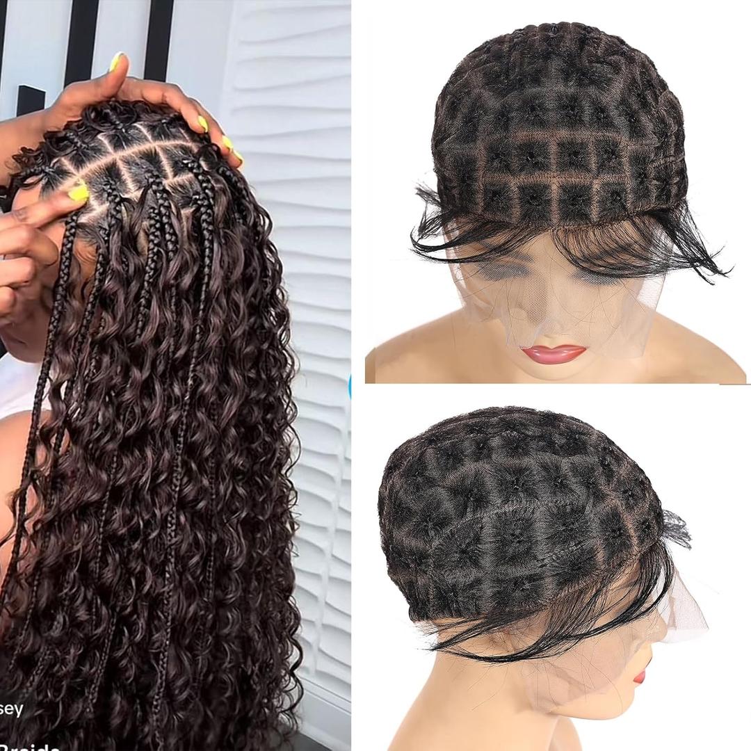 Braided Wig Caps With Baby Hair Double Full Lace Crochet Caps With Natural Knots For Making Lace Front Glueless Braided Wig For Breathable Box square Crochet Hair (1B, 75 Knots)