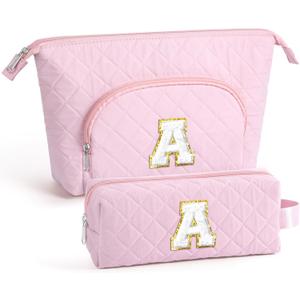 2 x YOOLIFE Initial Makeup Bag Cosmetic Bag Toiletry Pouch - Personalized Birthday Gifts for Women Teen Girls Mom Daughter Sister Friends, Pink A