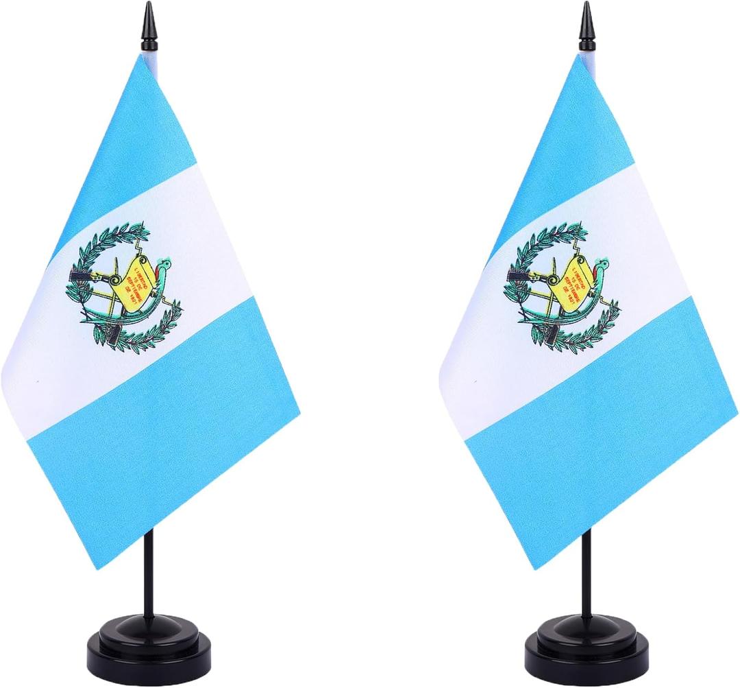 Guatemala Desk Flag 12" Solid Pole Deluxe Set Guatemalan Flags Banner Mini Small Guatemala Office Table Flags with Black Stand Base Desktop Decorations(2Pack)