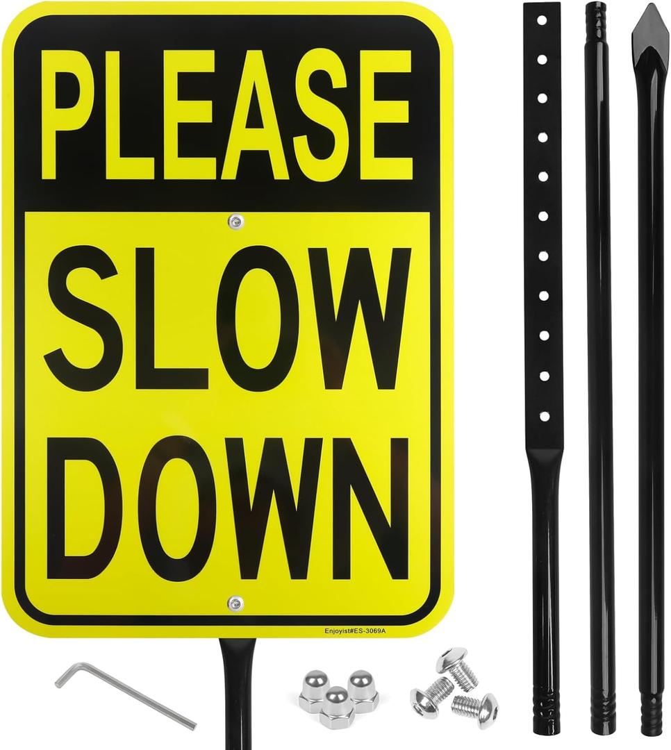 Large Please Slow Down Sign with 54" Metal Stake, 17"x 12" .040 Aluminum Sign - Reflective, UV Protected and Weatherproof