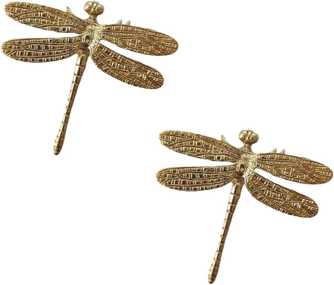 2 Pcs Solid Brass Creative Gold Animal Knob Gold Dresser Knobs Drawer Knobs Vintage Unique Cabinet Knobs for Door Cabinet Drawer Art Deco Furniture (Dragonfly)
