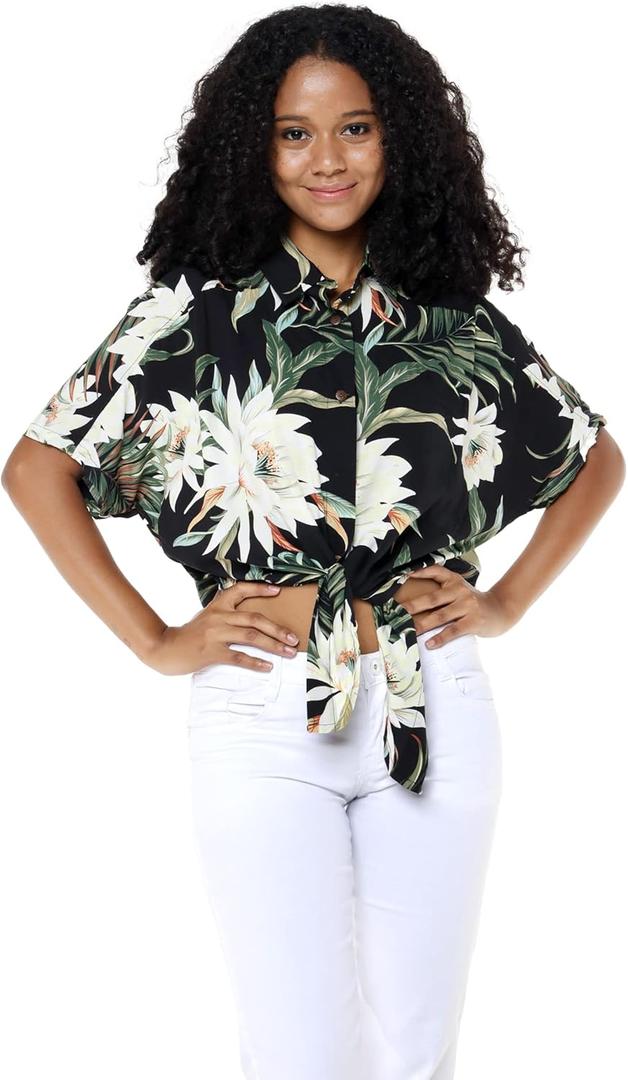 Women's Hawaiian Tie Front Crop Top Aloha Shirt in Wispy Cereus (Medium)