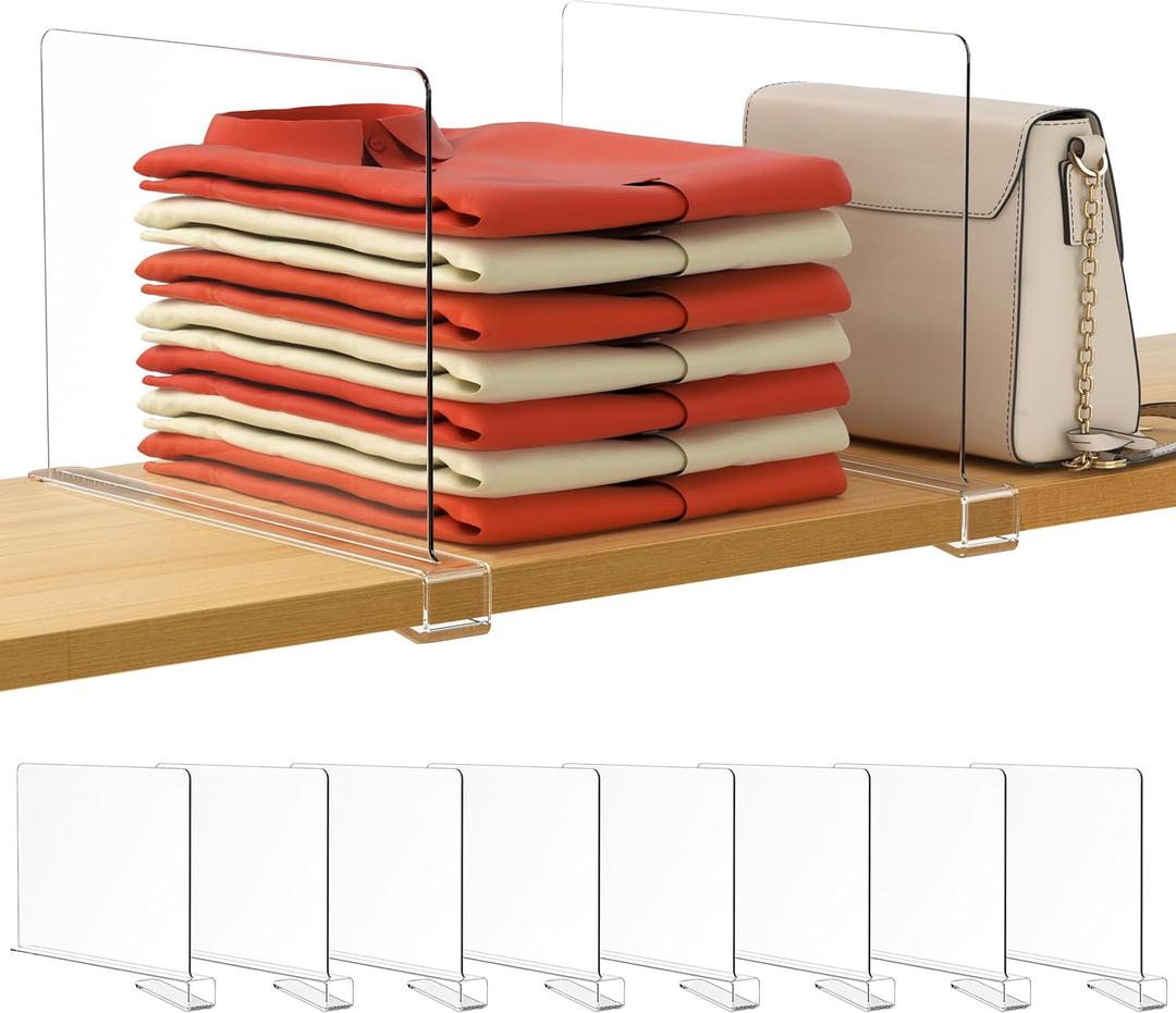 HBlife 8 Pack Clear Shelf Dividers, Vertical Purse Organizer for Closet Perfect for Sweater, Shirts, Handbags in Bedroom and Kitchen, Adjustable Acrylic Bookshelf for Organization (8 PCS)