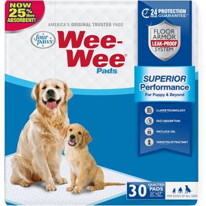 Four Paws Wee-Wee Superior Performance Unscented Pee Pads for Dogs & Puppies, Quilted Leak-Proof Dog Housebreaking Potty Training Floor Protection, 22" x 23", 200 Count