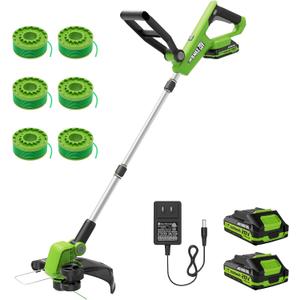 VARSK 20V String Trimmer Cordless, 12 Inch 2 in 1 Trimmer and Edger, Automatic Line Feed, Includes 2 X 2.0Ah Batteries/1 X Fast Charger/6 X Spare Spools, for Lawn, Garden, etc, Light Green