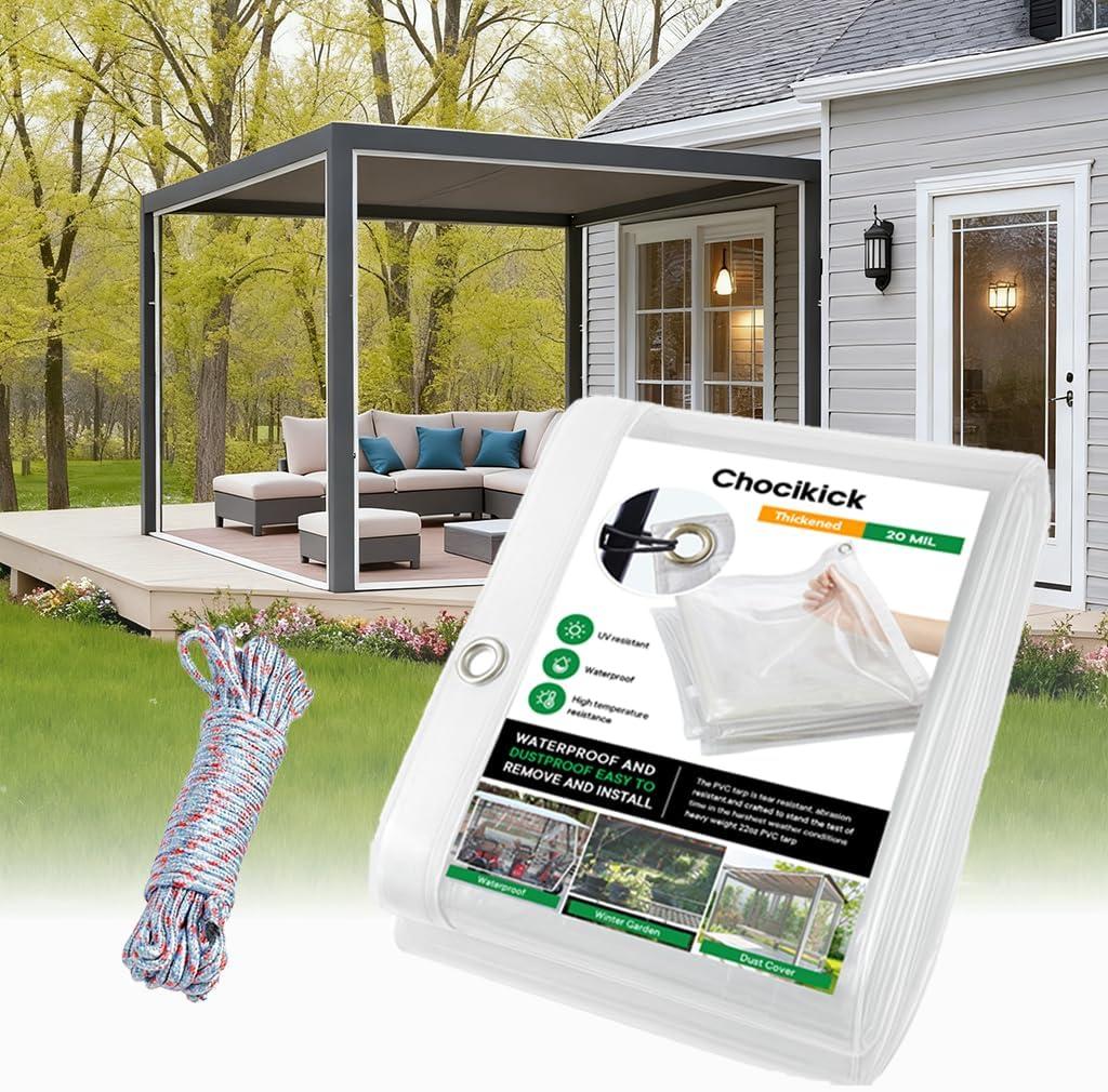 Clear Tarp Heavy Duty Waterproof 10 x 20 FT, 20 Mil Clear Tarps with Grommets, Heavy Duty Clear Vinyl Tarp for Patio Pergola Garden Canopy Rainproof Wind-Proof Anti-Tear (10 x 20 FT)